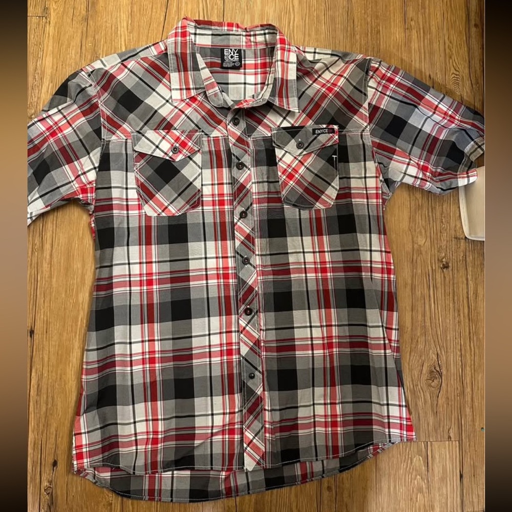Enyce Men’s short sleeve casual button up plaid shirt